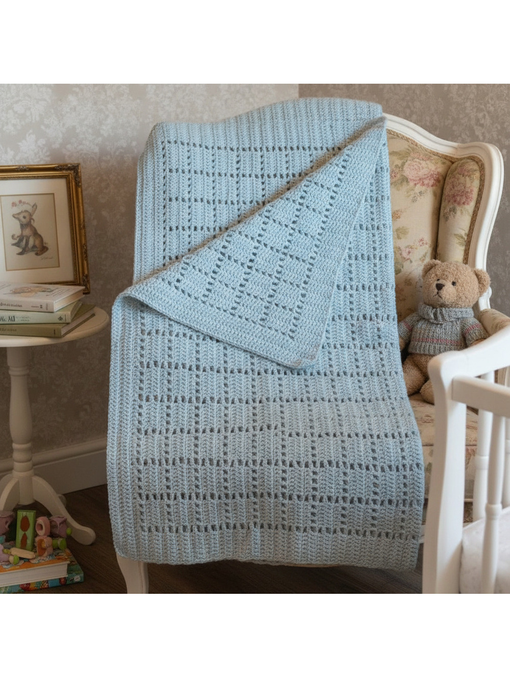 Handmade Crochet Baby Blanket, Pastel Bluish Gray, Soft